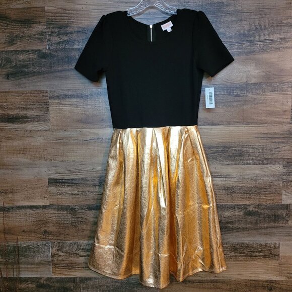 Lularoe Amelia Dress Elegant Collection S Rose Gold Metallic Black Pockets NWT - Picture 1 of 8